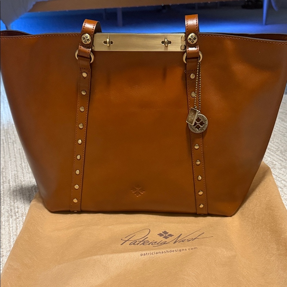 Patricia Nash Cognac Leather Tote with Studded Straps and Brass Bar